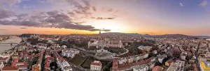 Beautiful Sky Prints: Aerial panorama drone shot of Fisherman's Bastion on Buda Hill in Budapest sunset time