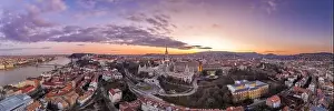 Beautiful Sky Prints: Aerial panorama drone shot of Fisherman's Bastion on Buda Hill in Budapest sunset time