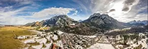Fussen Prints: Aerial panorama drone shot of Hohenschwangau in Fussen with view of Neuschwanstein castle in Germany winter