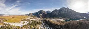 Fussen Prints: Aerial panorama drone shot of Hohenschwangau in Fussen with view of Neuschwanstein castle in Germany winter