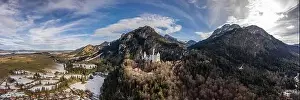 Fussen Prints: Aerial panorama drone shot of Hohenschwangau in Fussen with view of Neuschwanstein castle in Germany winter