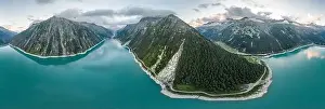 Austrian Alps Prints: Aerial panorama drone shot of Schlegeisspeicher resevoir with galcier view at dusk