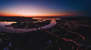 Ship Transportation Prints: Aerial panorama drone view of Asparuhov bridge and Varna city, Bulgaria