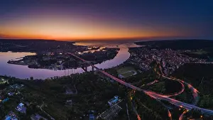 Ship Transportation Prints: Aerial panorama drone view of Asparuhov bridge and Varna city, Bulgaria