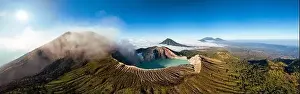 Panorama Peak Prints: Aerial panorama drone view of mount Kawah Ijen volcano crater at sunrise