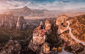 Landmark Mountain Prints: Aerial panorama of famous Meteora monasteries near Kalambaka town in Greece
