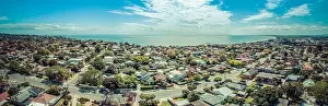 Foreshore Prints: Aerial panorama of Frankston suburb and Mornington Peninsula coastline on hot sunny day
