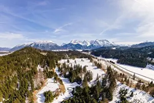 Aerial Panorama of Geroldsee region in Bavaria with mountains and Snow. High quality photo