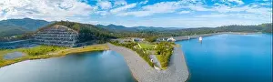 Forested Hills Prints: Aerial panorama of Hinze Dam and View Cafe. Advancetown, Queensland, Australia