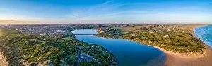 Hopkins River Prints: Aerial panorama of Hopkins River and ocean coastline at sunset. Warrnambool, Australia
