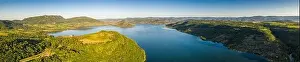 Aerial panorama of Lac du Salagou in the early morning in summer in Hérault in Occitanie, France