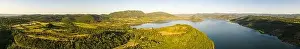 Languedoc Prints: Aerial panorama of Lac du Salagou in the early morning in summer in Hérault in Occitanie