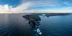 Iveragh Peninsula Prints: aerial panorama landscape of the Bray Head cliffs on Valentia Island at dusk