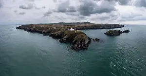 St Michaels Island Prints: aerial panorama landscape of the Pembrokeshire coast with the historic Strumble Head Lighthouse