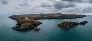 St Michaels Island Prints: aerial panorama landscape of the Pembrokeshire coast with the historic Strumble Head Lighthouse