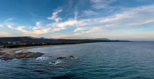 Watchtower Prints: An aerial panorama landscape of the Torre di Barisardo beach on the east coast of Sardinia at dusk