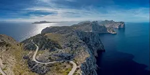 Camper Van Prints: Aerial panorama landscape view of the curving road and rugged Cap de Formentor in northwestern Mallorca