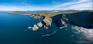 Iveragh Peninsula Prints: aerial panorama landscape view of the Kerry Cliffs and Iveragh Peninsula in County Kerry of Ireland
