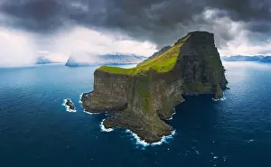Kallur Lighthouse Prints: Aerial panorama of massive cliffs of Kalsoy on Faroe Islands