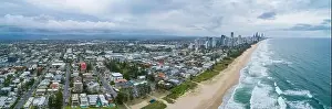Surfers Paradise Prints: Aerial panorama of Mermaid Beach suburb and Gold Coast city skyline, Queensland, Australia