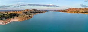 Murray River Prints: Aerial panorama of Murray River and Lake Hume at sunset with copy space