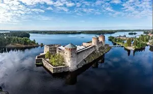 Saimaa Prints: Aerial panorama of Olavinlinna castle and the surrounding lakes in Savonlinna, Finland