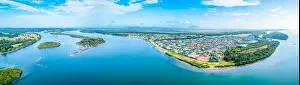 Harrington Prints: Aerial panorama of picturesque small coastal village and river at sunset in New South Wales