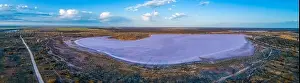 Pink Lake Prints: Aerial panorama of pink lake crosbie at sunrise in Australian desert