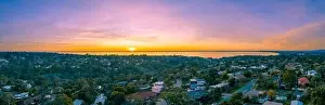 Curvature Prints: Aerial panorama of Port Phillip Bay and Frankston suburb at sunset in Melbourne, Australia