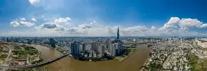 Aerial panorama of premium new high rise developments along thee Saigon river in Ho Chi Minh City