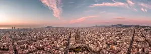 Before Sunrise Prints: Aerial panorama shot of Barcelona center empty street before sunrise at Spain winter dusk