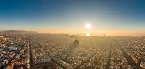 Agbar Tower Prints: Aerial panorama shot of skyline in Barcelona center in foggy sunrise in Spain winter