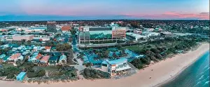 Foreshore Prints: Aerial panorama of South East Water head office building and Waves cafe at sunset in Frankston