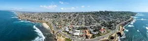 Ocean Beach Prints: Aerial panorama of Sunset Beach in San Diego with ragged California ocean coastline