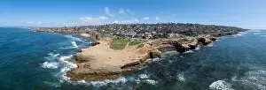 Ocean Beach Prints: Aerial panorama of Sunset Beach in San Diego with ragged California ocean coastline