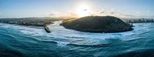 Gold Coast Prints: Aerial panorama of Tallebudgera creek mouth and Burleigh Head National Park at sunset