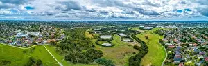 Suburbia Prints: Aerial panorama of Tirhatuan Wetlands and Rowville suburb in Melbourne, Australia
