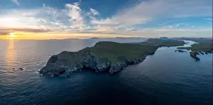 Iveragh Peninsula Prints: An aerial panorama view of the Bray Head cliffs and headland on Valentia Island at sunset