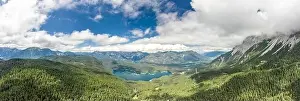 Garmisch Prints: Aerial panorama view of Eibsee Lake at foot of Zugspitze in Germany