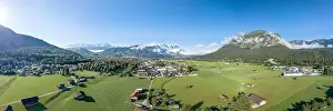 Garmisch Prints: Aerial panorama view of Garmisch Partenkirchen Village with view of Zugspitze in fog