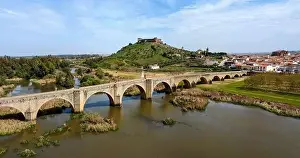 Old River Prints: Aerial panorama view of the Guadiana River and the town of Medellin with old bridge and castle