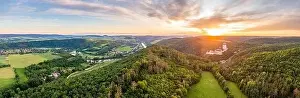 Treasures Prints: Aerial panorama view of Karsltejn castle with near village and forest