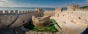 Golubac Prints: Aerial panorama view of newly restored Ram castle former Turkish stronghold on the bank of the river Danube in Serbia