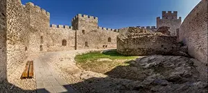 Golubac Prints: Aerial panorama view of newly restored Ram castle former Turkish stronghold on the bank of the river Danube in Serbia