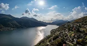 Lago Di Lugano Prints: An aerial panorama view of Vico Morcote village and Lake Lugano in southern Switzerland