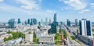 Palace Of Culture And Science Prints: Aerial panorama of Warsaw, Poland over the Vistual river and City center in a distance