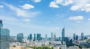 Palace Of Culture And Science Prints: Aerial panorama of Warsaw, Poland over the Vistual river and City center in a distance