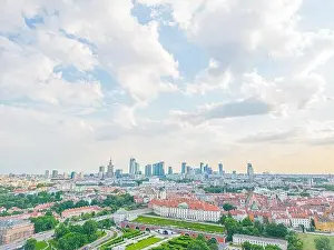 Aerial panorama of Warsaw, Poland over the Vistual river and City center in a distance
