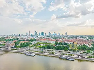 Palace Of Culture And Science Prints: Aerial panorama of Warsaw, Poland over the Vistual river and City center in a distance