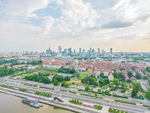 Palace Of Culture And Science Prints: Aerial panorama of Warsaw, Poland over the Vistual river and City center in a distance